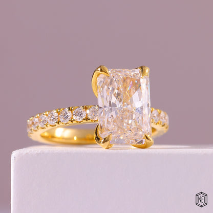 3.53 Carat Radiant Cut Lab Grown Diamond Side Stone Pavé Engagement Ring - Gallery & Prongs Detail