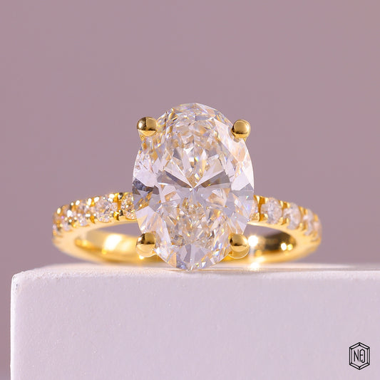 4.59 Carat Oval Cut Lab Grown Diamond Side Stone Pavé Engagement Ring - Front Top View