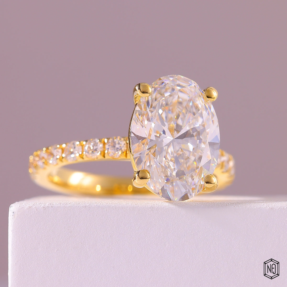 4.59 Carat Oval Cut Lab Grown Diamond Side Stone Pavé Engagement Ring - Gallery & Prongs Detail