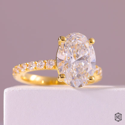 4.59 Carat Oval Cut Lab Grown Diamond Side Stone Pavé Engagement Ring - Gallery & Prongs Detail