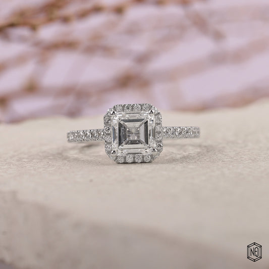 2.00 Carat Asscher Cut Lab Grown Diamond Classic Diamond Halo Engagement Ring - Front Top View