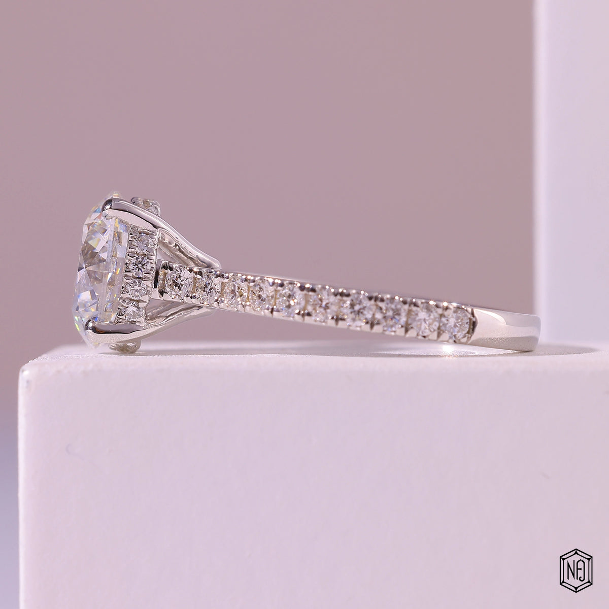 2.75 Carat Round Cut Lab Grown Diamond Delicate Hidden Halo Engagement Ring - Angled Perspective