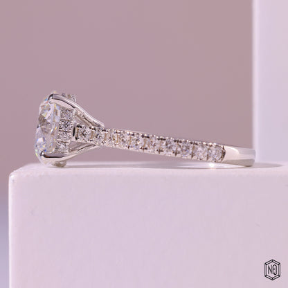 2.75 Carat Round Cut Lab Grown Diamond Delicate Hidden Halo Engagement Ring - Angled Perspective