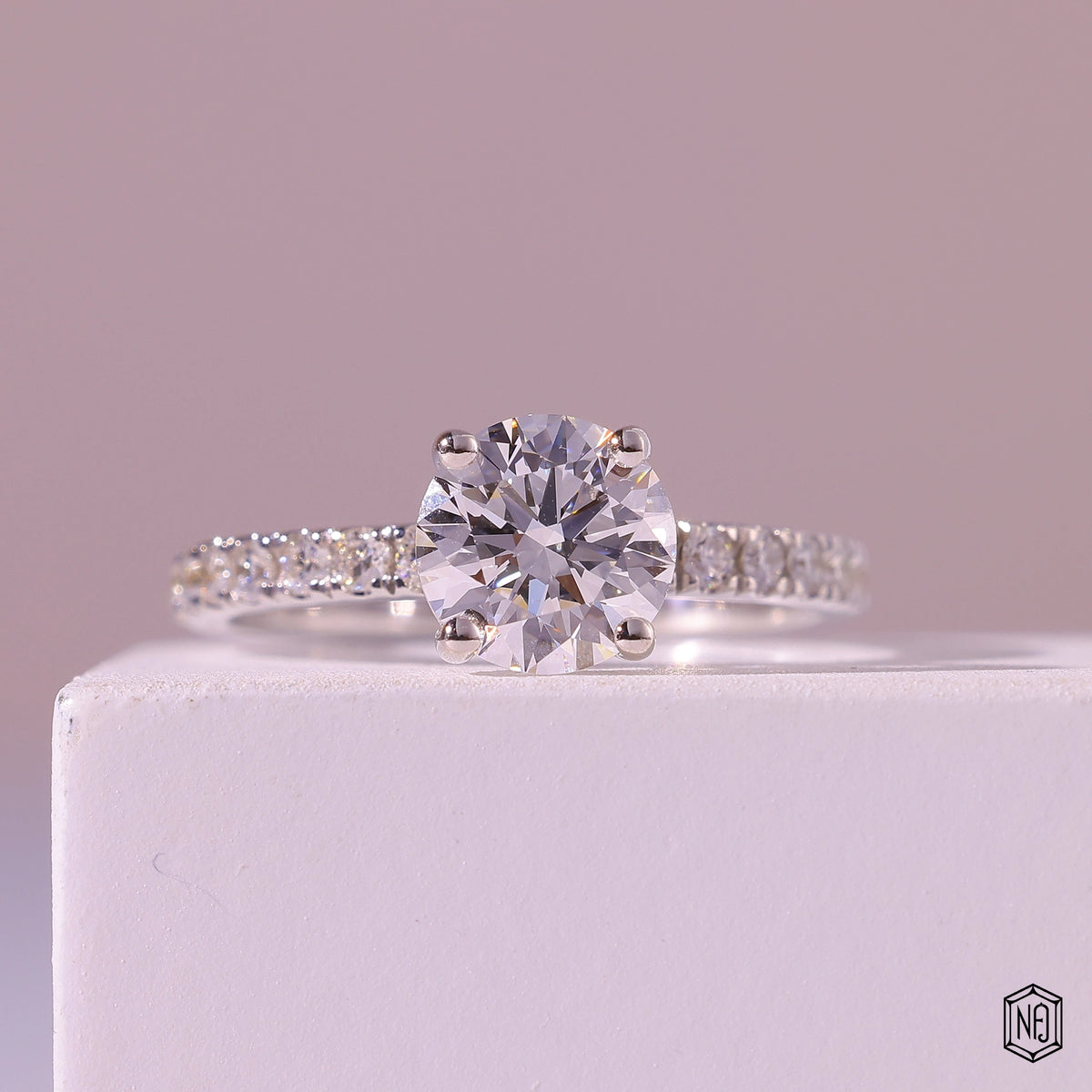 1.1 Carat Round Cut Lab Grown Diamond Side Stone Pavé Engagement Ring - Front Top View
