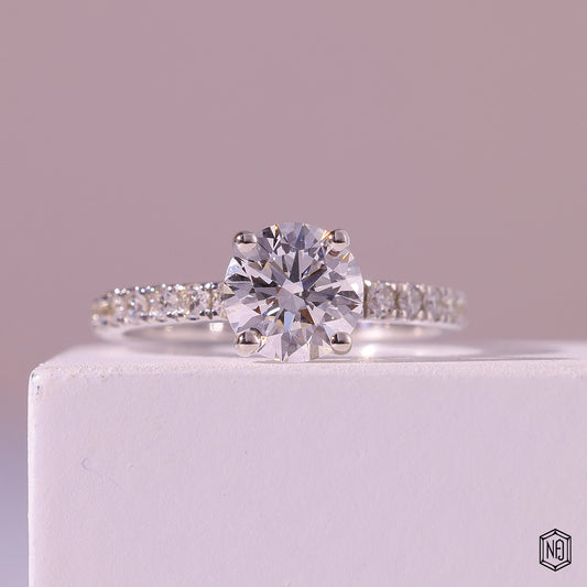 1.1 Carat Round Cut Lab Grown Diamond Side Stone Pavé Engagement Ring - Front Top View
