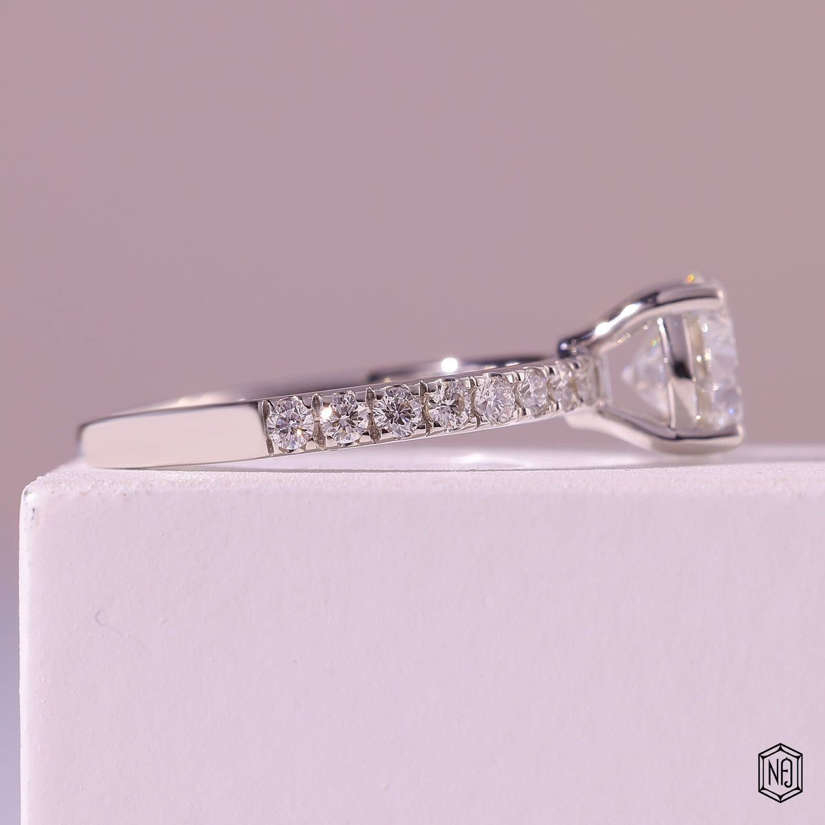 1.1 Carat Round Cut Lab Grown Diamond Side Stone Pavé Engagement Ring - Side Profile Angle