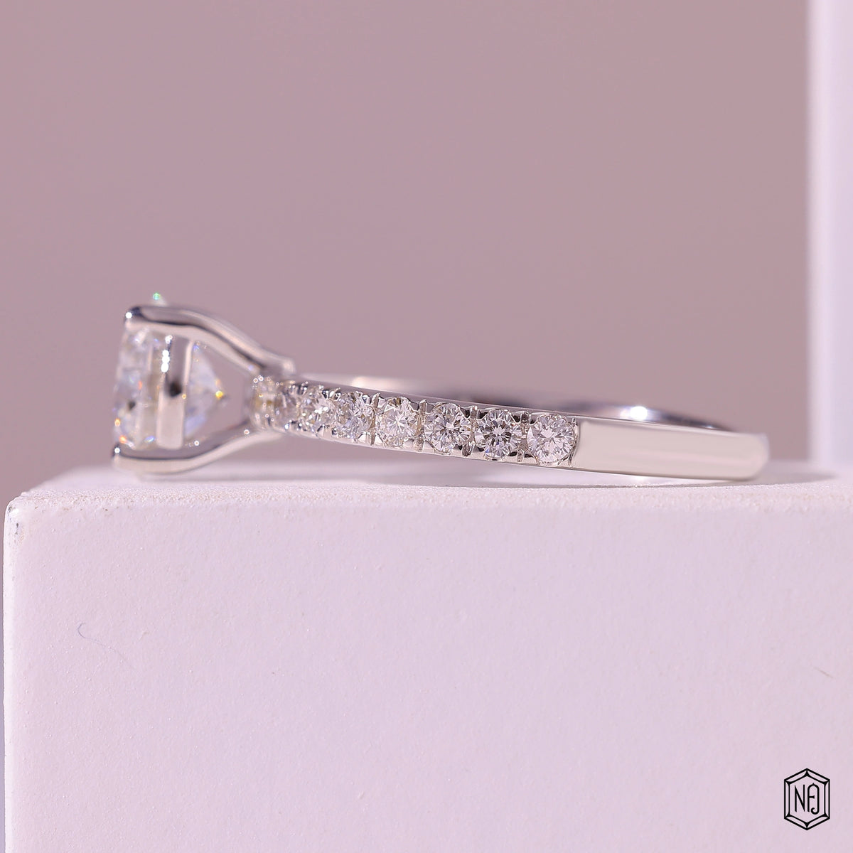 1.1 Carat Round Cut Lab Grown Diamond Side Stone Pavé Engagement Ring - Gallery & Prongs Detail