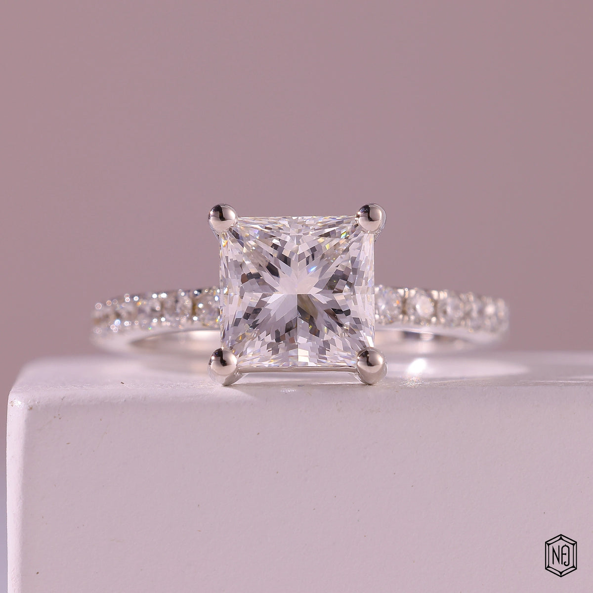 1.83 Carat Princess Cut Lab Grown Diamond Side Stone Pavé Engagement Ring - Front Top View