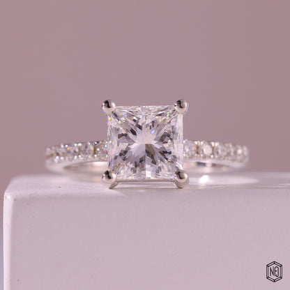1.83 Carat Princess Cut Lab Grown Diamond Side Stone Pavé Engagement Ring - Front Top View