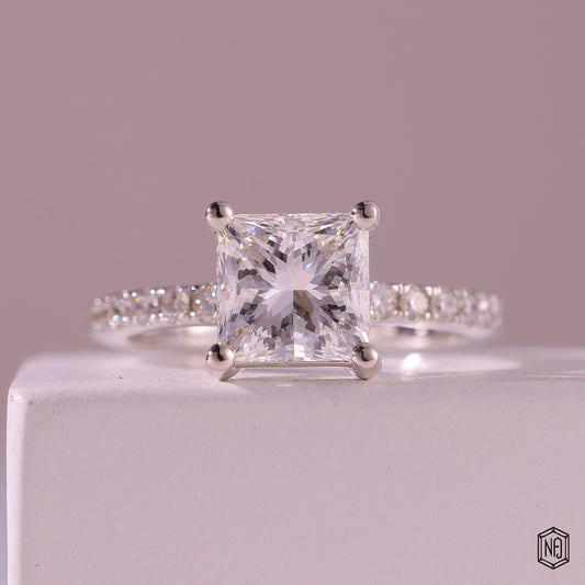 1.83 Carat Princess Cut Lab Grown Diamond Side Stone Pavé Engagement Ring - Front Top View