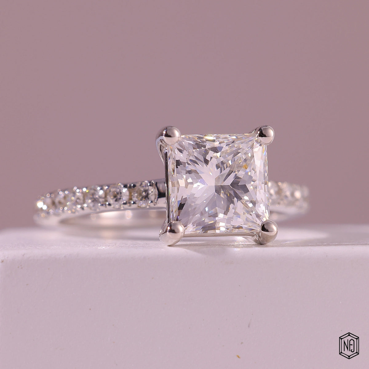 1.83 Carat Princess Cut Lab Grown Diamond Side Stone Pavé Engagement Ring - Gallery & Prongs Detail