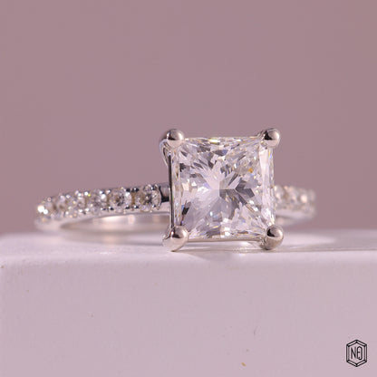 1.83 Carat Princess Cut Lab Grown Diamond Side Stone Pavé Engagement Ring - Gallery & Prongs Detail