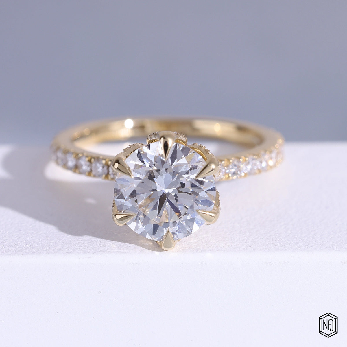 2.75 Carat Round Cut Lab Grown Diamond Side Stone Pavé Engagement Ring - Front Top View