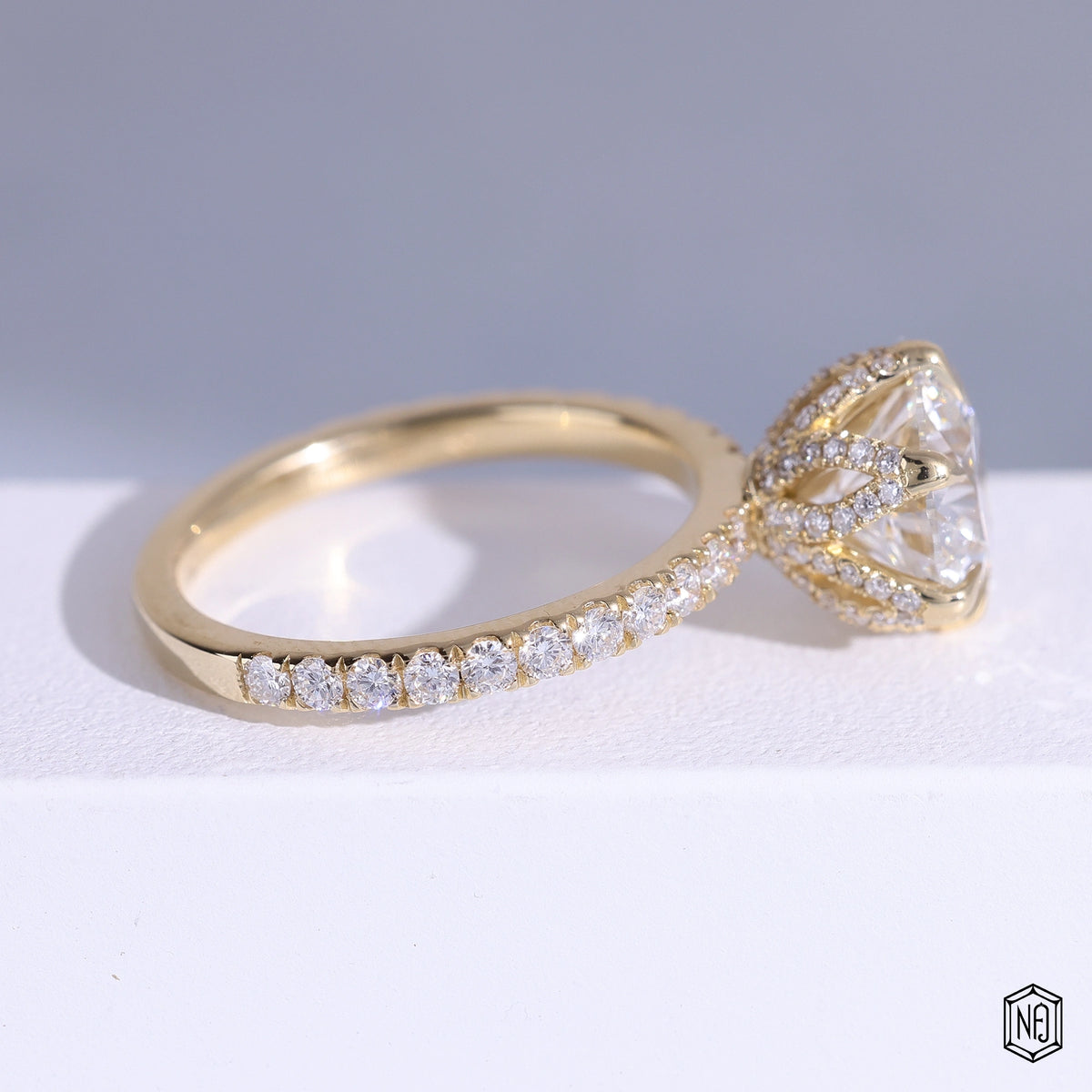 2.75 Carat Round Cut Lab Grown Diamond Side Stone Pavé Engagement Ring - Side Profile Angle