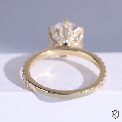 2.75 Carat Round Cut Lab Grown Diamond Side Stone Pavé Engagement Ring - Hand View / Detail Angle