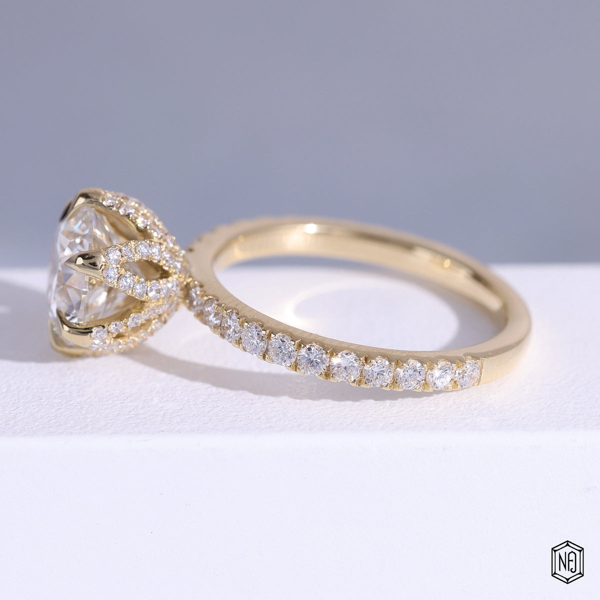 2.75 Carat Round Cut Lab Grown Diamond Side Stone Pavé Engagement Ring - Angled Perspective