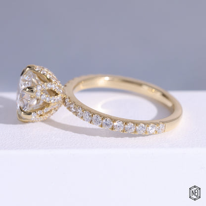 2.75 Carat Round Cut Lab Grown Diamond Side Stone Pavé Engagement Ring - Angled Perspective