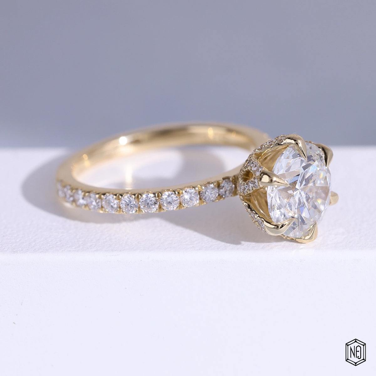 2.75 Carat Round Cut Lab Grown Diamond Side Stone Pavé Engagement Ring - Gallery & Prongs Detail