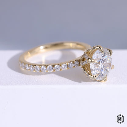 2.75 Carat Round Cut Lab Grown Diamond Side Stone Pavé Engagement Ring - Gallery & Prongs Detail