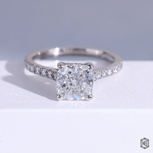 2.25 Carat Cushion Cut Lab Grown Diamond Delicate Hidden Halo Engagement Ring - Front Top View