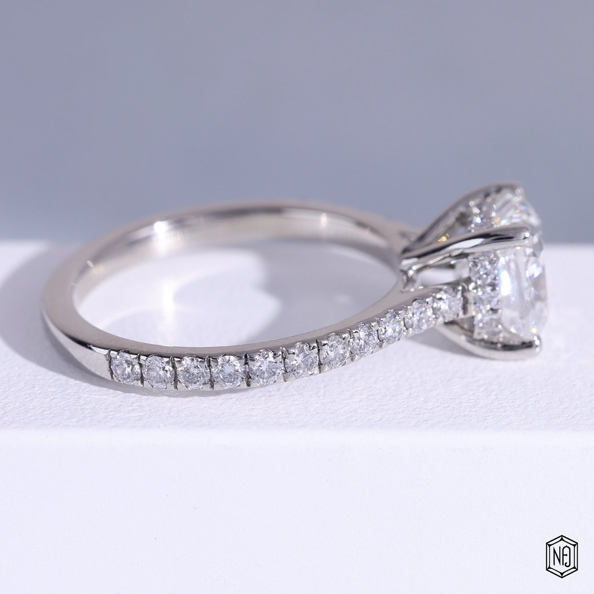 2.25 Carat Cushion Cut Lab Grown Diamond Delicate Hidden Halo Engagement Ring - Side Profile Angle