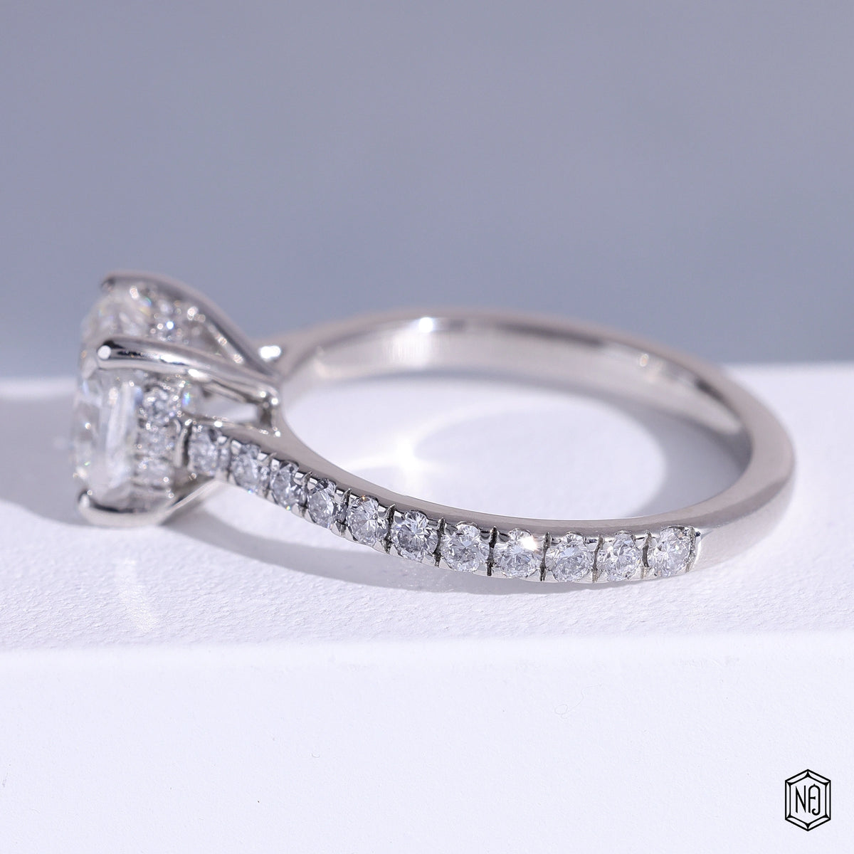2.25 Carat Cushion Cut Lab Grown Diamond Delicate Hidden Halo Engagement Ring - Angled Perspective