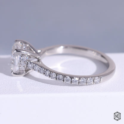 2.25 Carat Cushion Cut Lab Grown Diamond Delicate Hidden Halo Engagement Ring - Angled Perspective