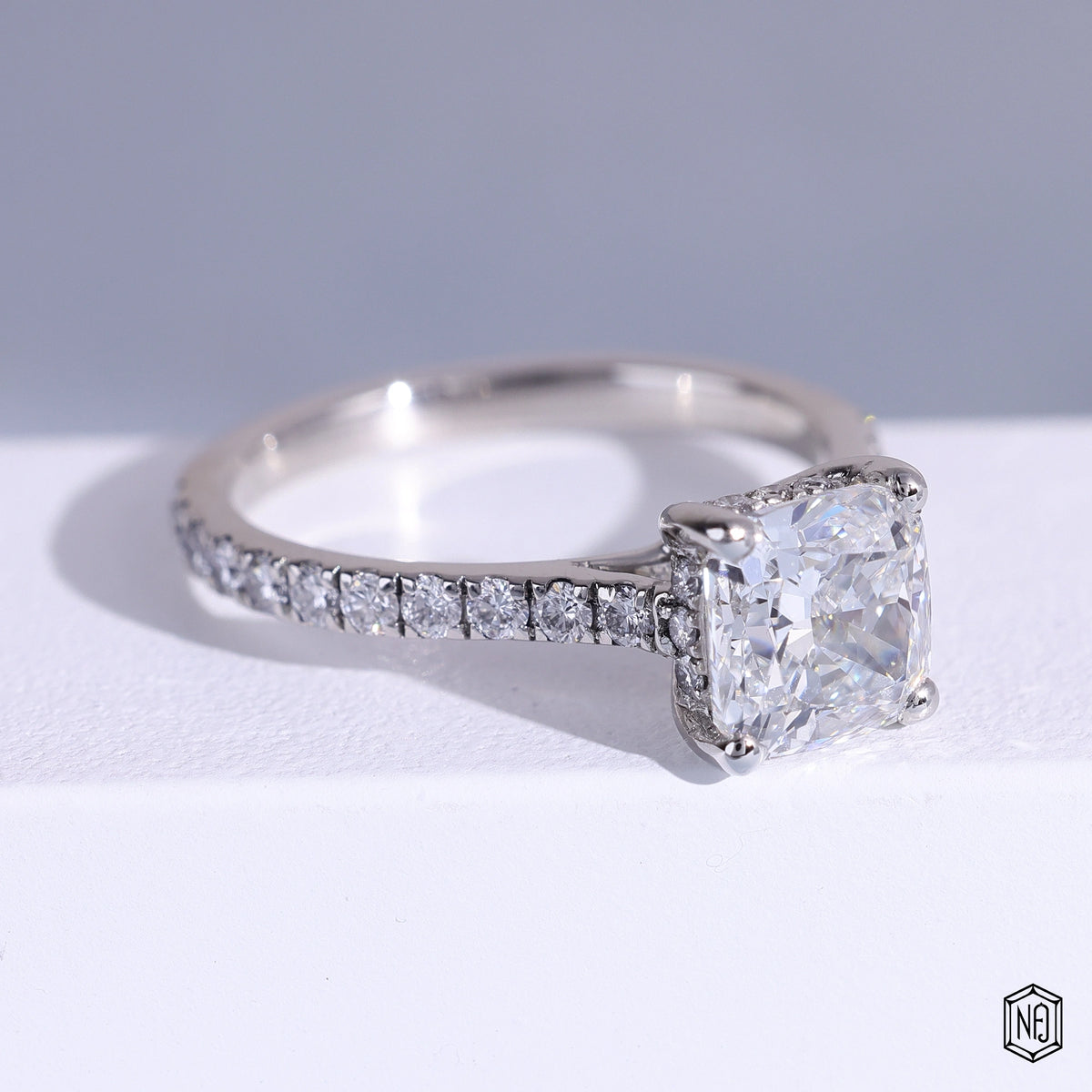 2.25 Carat Cushion Cut Lab Grown Diamond Delicate Hidden Halo Engagement Ring - Gallery & Prongs Detail