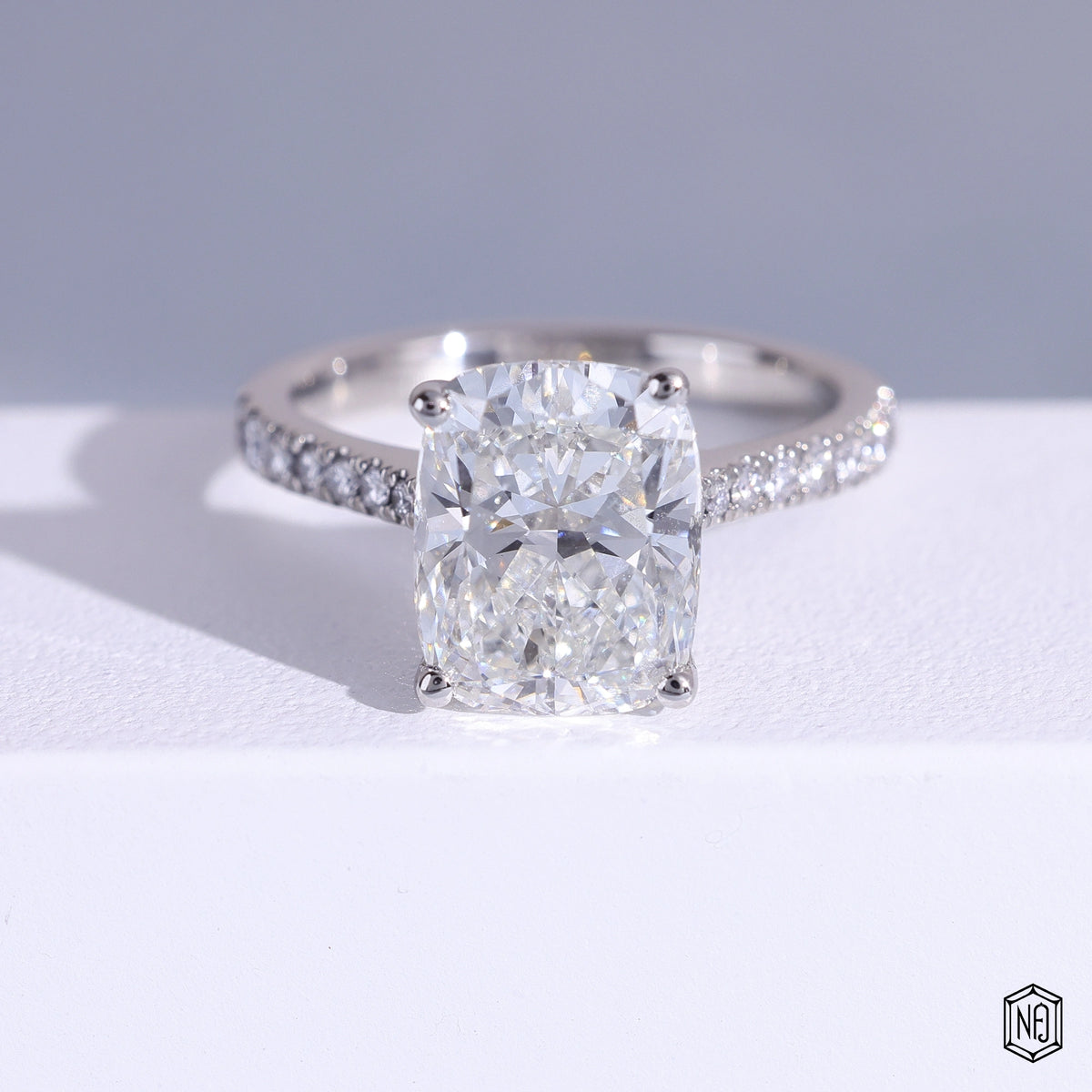 3.51 Carat Cushion Cut Lab Grown Diamond Side Stone Pavé Engagement Ring - Front Top View