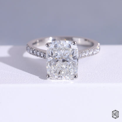 3.51 Carat Cushion Cut Lab Grown Diamond Side Stone Pavé Engagement Ring - Front Top View