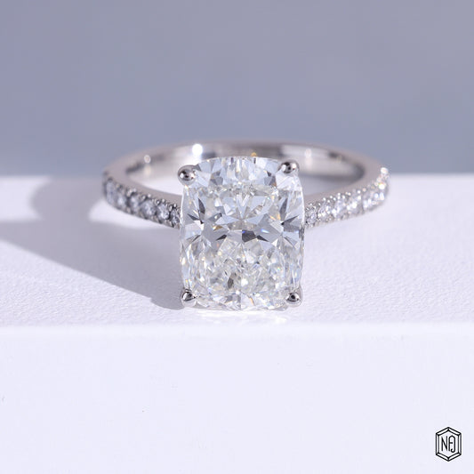 3.51 Carat Cushion Cut Lab Grown Diamond Side Stone Pavé Engagement Ring - Front Top View