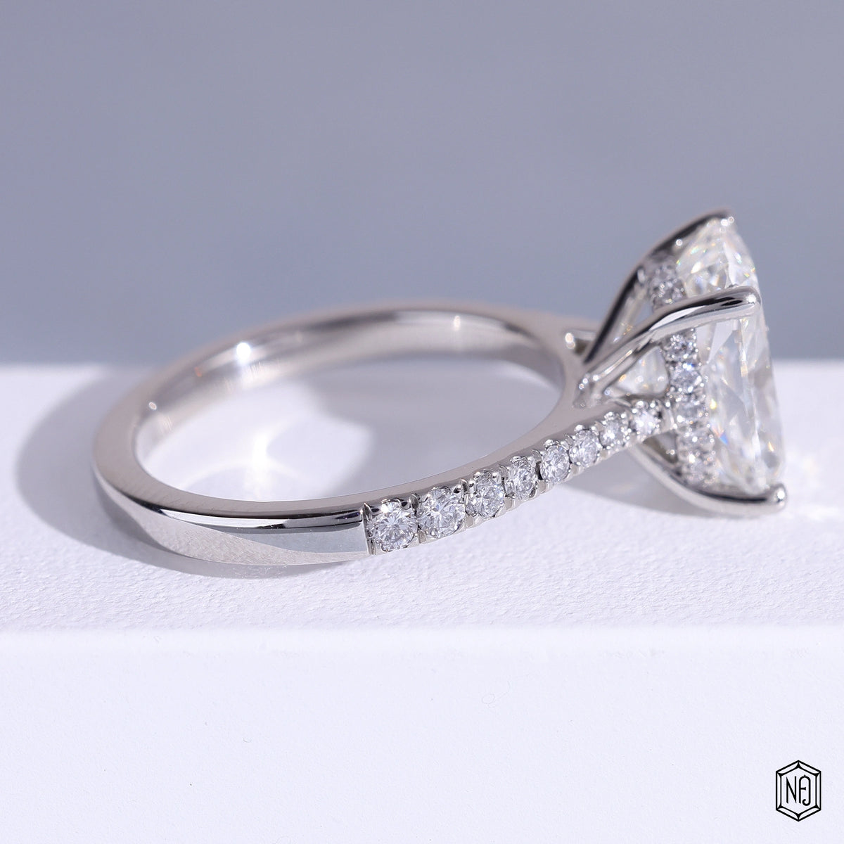 3.51 Carat Cushion Cut Lab Grown Diamond Side Stone Pavé Engagement Ring - Side Profile Angle