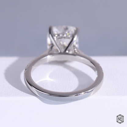 3.51 Carat Cushion Cut Lab Grown Diamond Side Stone Pavé Engagement Ring - Hand View / Detail Angle