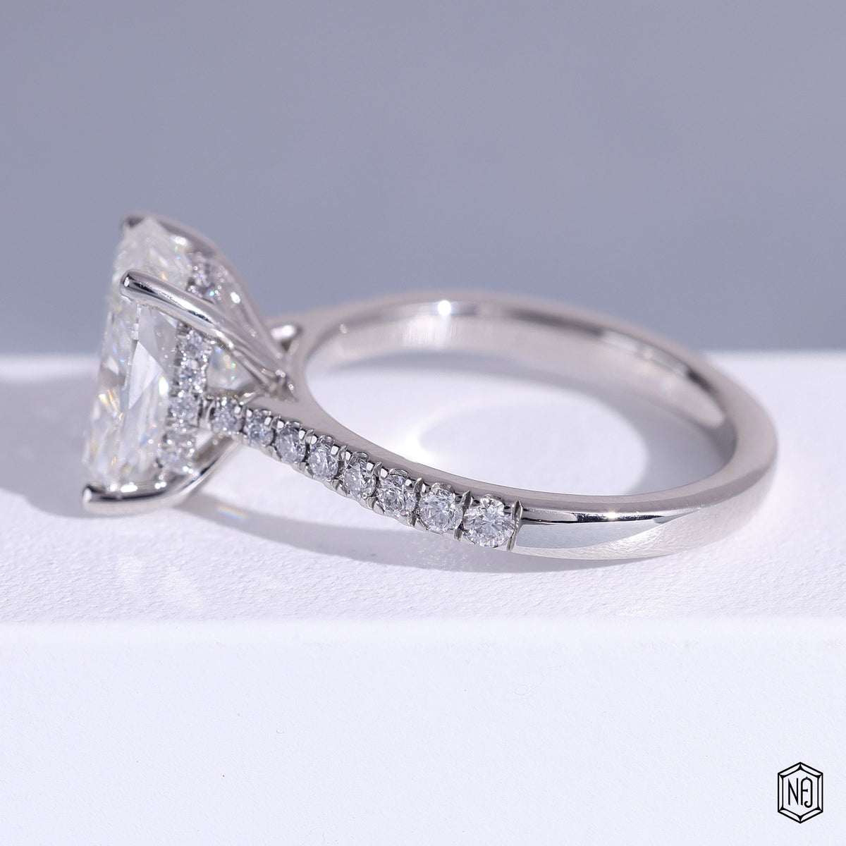 3.51 Carat Cushion Cut Lab Grown Diamond Side Stone Pavé Engagement Ring - Angled Perspective
