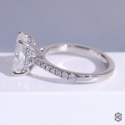 3.51 Carat Cushion Cut Lab Grown Diamond Side Stone Pavé Engagement Ring - Angled Perspective