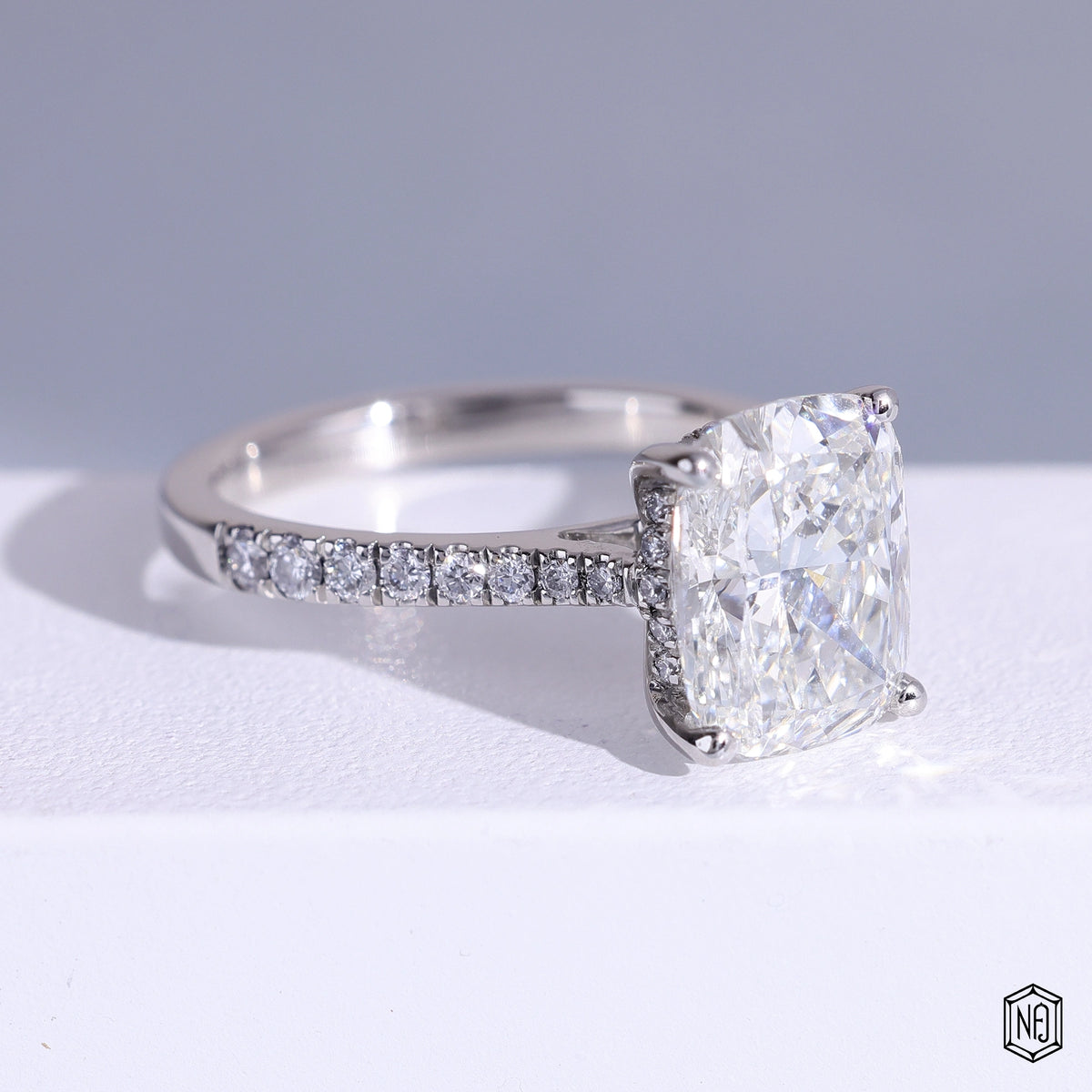 3.51 Carat Cushion Cut Lab Grown Diamond Side Stone Pavé Engagement Ring - Gallery & Prongs Detail