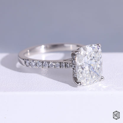 3.51 Carat Cushion Cut Lab Grown Diamond Side Stone Pavé Engagement Ring - Gallery & Prongs Detail