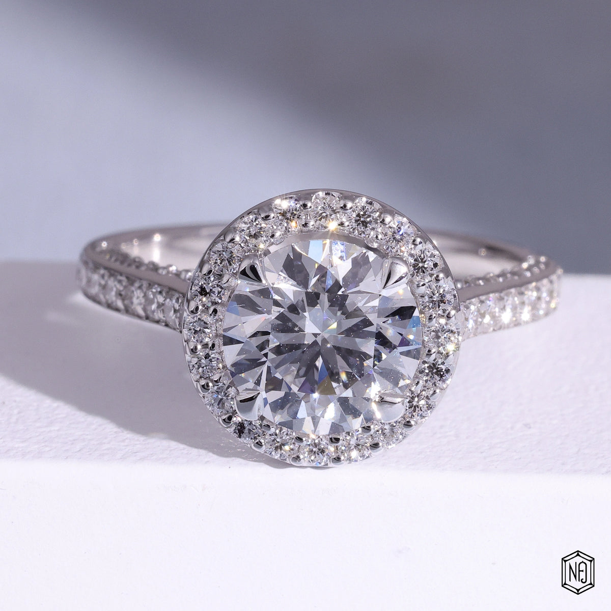 2.16 Carat Round Cut Lab Grown Diamond Classic Diamond Halo Engagement Ring - Front Top View