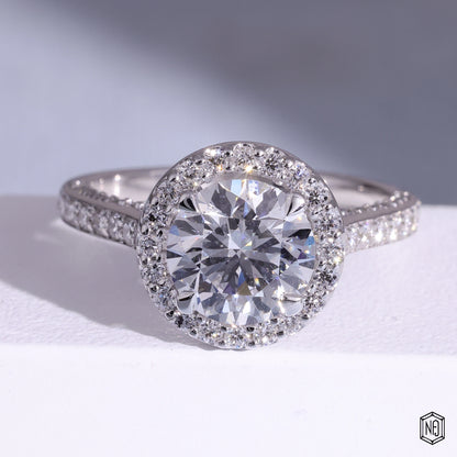 2.16 Carat Round Cut Lab Grown Diamond Classic Diamond Halo Engagement Ring - Front Top View