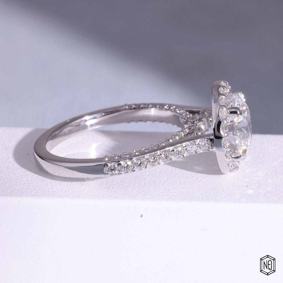 2.16 Carat Round Cut Lab Grown Diamond Classic Diamond Halo Engagement Ring - Side Profile Angle