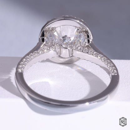 2.16 Carat Round Cut Lab Grown Diamond Classic Diamond Halo Engagement Ring - Hand View / Detail Angle