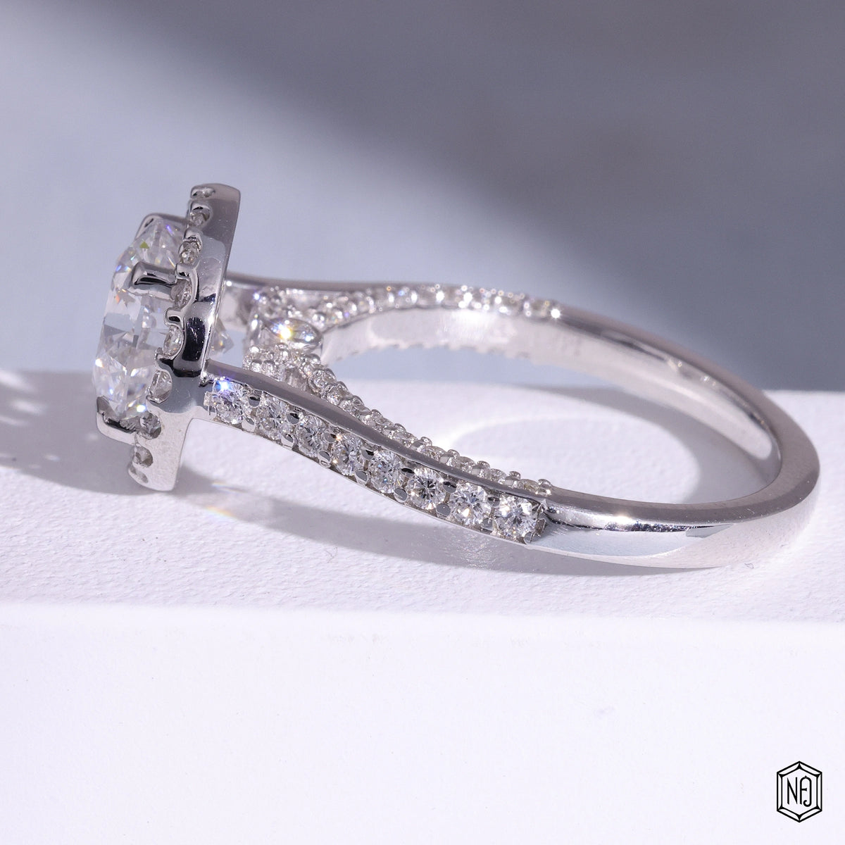 2.16 Carat Round Cut Lab Grown Diamond Classic Diamond Halo Engagement Ring - Angled Perspective