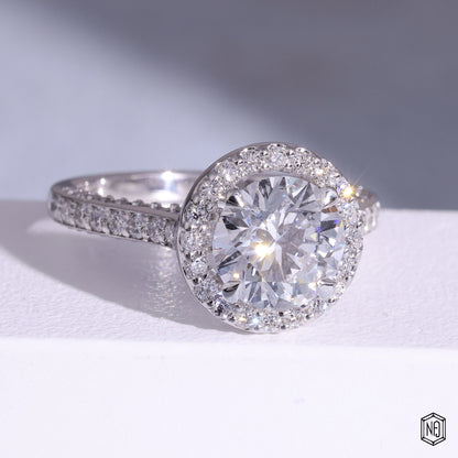 2.16 Carat Round Cut Lab Grown Diamond Classic Diamond Halo Engagement Ring - Gallery & Prongs Detail