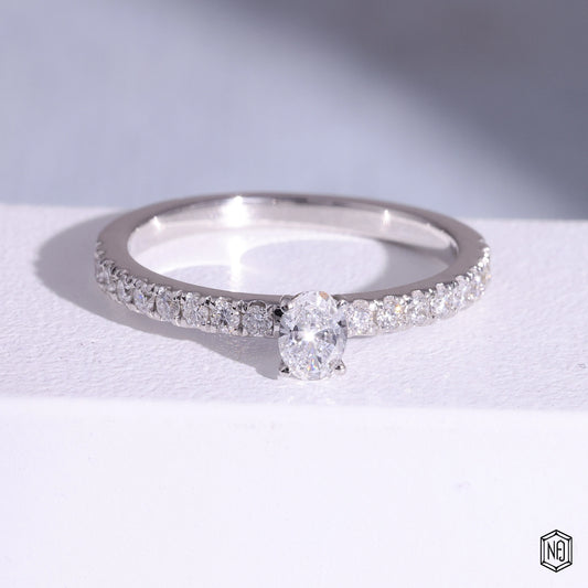 0.16 Carat Oval Cut Lab Grown Diamond Side Stone Pavé Engagement Ring - Front Top View