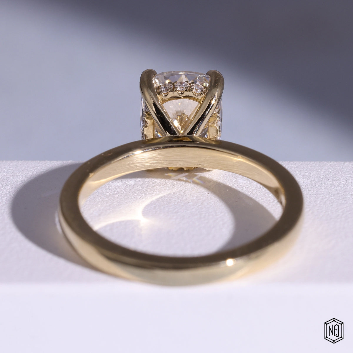 2.02 Carat Cushion Cut Lab Grown Diamond Delicate Hidden Halo Engagement Ring - Hand View / Detail Angle