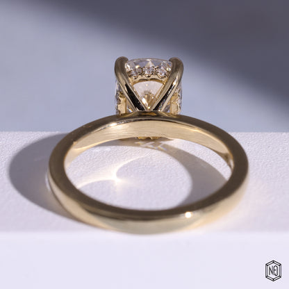 2.02 Carat Cushion Cut Lab Grown Diamond Delicate Hidden Halo Engagement Ring - Hand View / Detail Angle