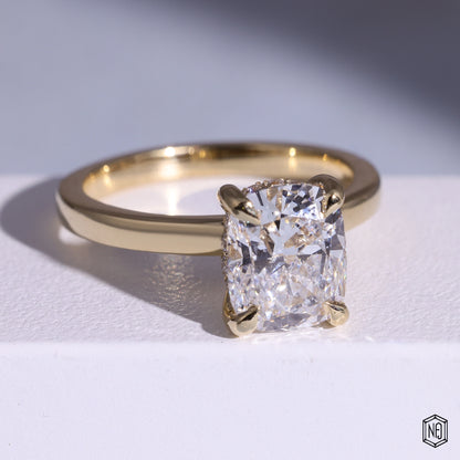 2.02 Carat Cushion Cut Lab Grown Diamond Delicate Hidden Halo Engagement Ring - Gallery & Prongs Detail