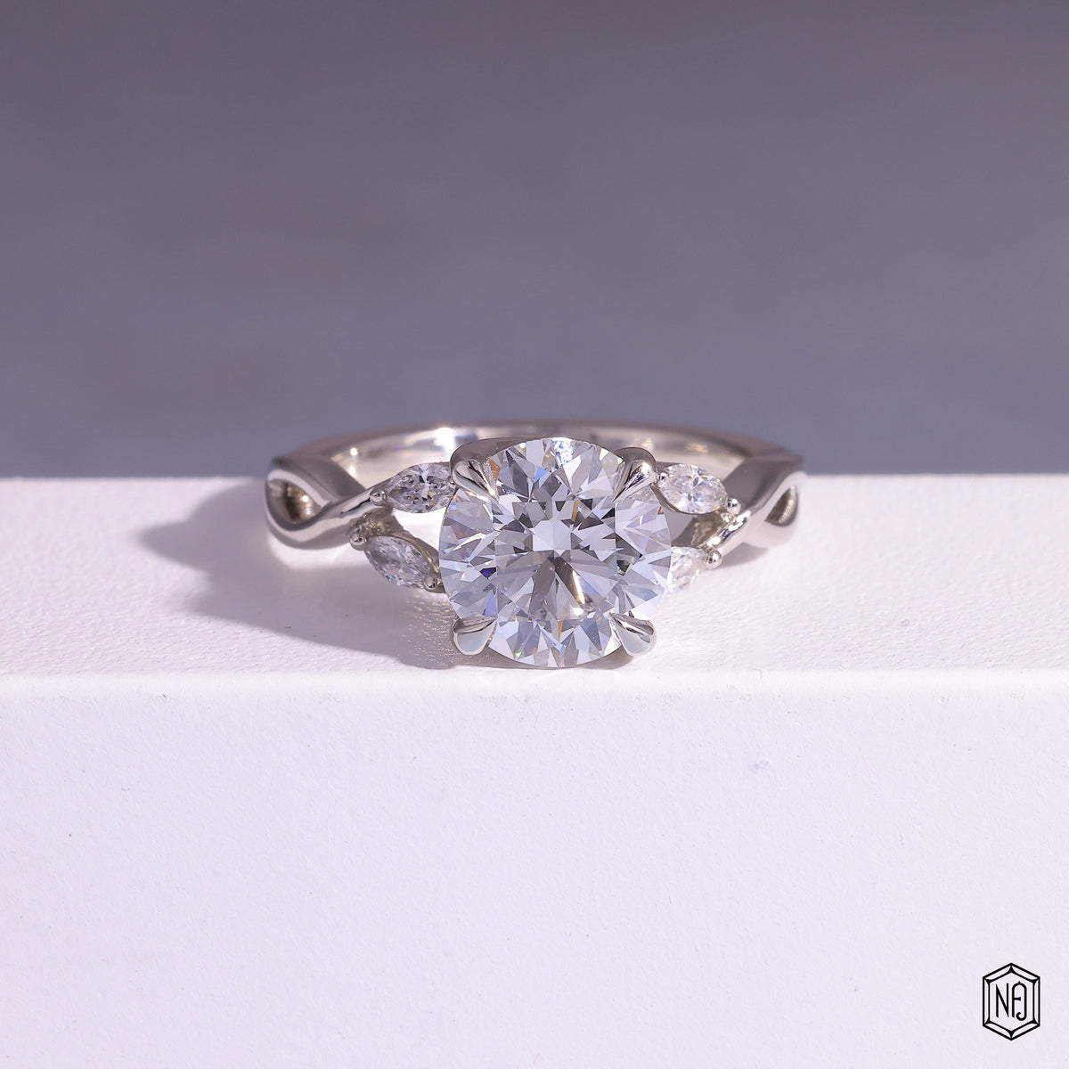 1.51 Carat Round Cut Lab Grown Diamond Side Stone Pavé Engagement Ring - Front Top View