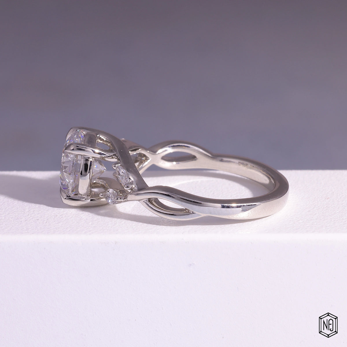 1.51 Carat Round Cut Lab Grown Diamond Side Stone Pavé Engagement Ring - Angled Perspective