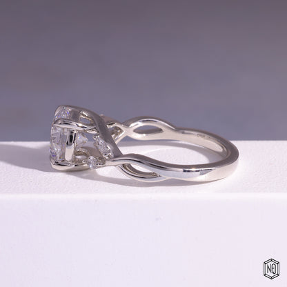 1.51 Carat Round Cut Lab Grown Diamond Side Stone Pavé Engagement Ring - Angled Perspective